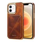 For iPhone 12 / 12 Pro Denior Oil Wax Leather Electroplating Card Slot Holder Phone Case(Brown) - 1