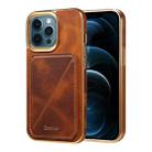 For iPhone 12 Pro Max Denior Oil Wax Leather Electroplating Card Slot Holder Phone Case(Brown) - 1