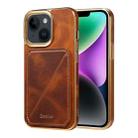 For iPhone 14 Plus Denior Oil Wax Leather Electroplating Card Slot Holder Phone Case(Brown) - 1