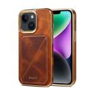 For iPhone 15 Plus Denior Oil Wax Leather Electroplating Card Slot Holder Phone Case(Brown) - 1