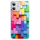 For iPhone 12 Colorful Toy Bricks Pattern Shockproof Glass Phone Case(Silver) - 1
