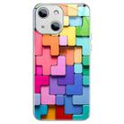 For iPhone 13 Colorful Toy Bricks Pattern Shockproof Glass Phone Case(Silver) - 1