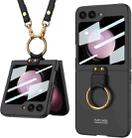 For Samsung Galaxy Z Flip5 GKK Ultra-thin PC Full Coverage Ring Holder Phone Case with Strap(Black) - 1