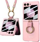 For Samsung Galaxy Z Flip5 GKK Ultra-thin PC Full Coverage Ring Holder Phone Case with Strap(Pink) - 1