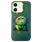 For iPhone 12 Double Layer Color Silver Series Animal Oil Painting Phone Case(Green Cat) - 1