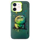 For iPhone 11 Double Layer Color Silver Series Animal Oil Painting Phone Case(Green Cat) - 1
