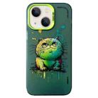 For iPhone 15 Plus Double Layer Color Silver Series Animal Oil Painting Phone Case(Green Cat) - 1