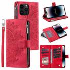 For iPhone 15 Pro Max Multi-Card Totem Zipper Leather Phone Case(Red) - 1