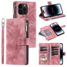 For iPhone 15 Pro Max Multi-Card Totem Zipper Leather Phone Case(Pink) - 1