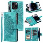 For iPhone 15 Pro Multi-Card Totem Zipper Leather Phone Case(Green) - 1