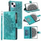 For iPhone 15 Plus Multi-Card Totem Zipper Leather Phone Case(Green) - 1