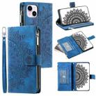 For iPhone 15 Plus Multi-Card Totem Zipper Leather Phone Case(Blue) - 1