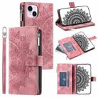 For iPhone 15 Plus Multi-Card Totem Zipper Leather Phone Case(Pink) - 1