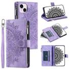 For iPhone 15 Multi-Card Totem Zipper Leather Phone Case(Purple) - 1