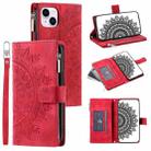 For iPhone 14 Plus Multi-Card Totem Zipper Leather Phone Case(Red) - 1