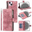 For iPhone 14 Plus Multi-Card Totem Zipper Leather Phone Case(Pink) - 1