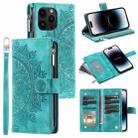 For iPhone 14 Pro Multi-Card Totem Zipper Leather Phone Case(Green) - 1