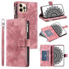 For iPhone 12 / 12 Pro Multi-Card Totem Zipper Leather Phone Case(Pink) - 1