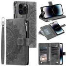 For iPhone 16 Pro Max Multi-Card Totem Zipper Leather Phone Case(Grey) - 1