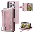 For iPhone 15 Pro Max Nine Card Zipper Bag Leather Phone Case with Lanyard(Pink) - 1