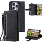 For iPhone 15 Pro Nine Card Zipper Bag Leather Phone Case with Lanyard(Black) - 1