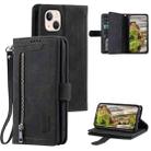 For iPhone 15 Plus Nine Card Zipper Bag Leather Phone Case with Lanyard(Black) - 1