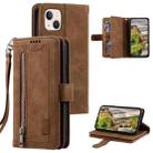 For iPhone 15 Plus Nine Card Zipper Bag Leather Phone Case with Lanyard(Brown) - 1