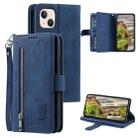 For iPhone 15 Plus Nine Card Zipper Bag Leather Phone Case with Lanyard(Blue) - 1
