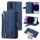 For iPhone 16 Plus Nine Card Zipper Bag Leather Phone Case with Lanyard(Blue) - 1