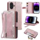 For iPhone 16 Plus Nine Card Zipper Bag Leather Phone Case with Lanyard(Pink) - 1