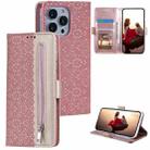 For iPhone 15 Pro Max Lace Pattern Double Button Zipper Leather Phone Case with Lanyard(Rose Gold) - 1