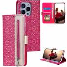 For iPhone 15 Pro Max Lace Pattern Double Button Zipper Leather Phone Case with Lanyard(Rose Red) - 1