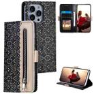 For iPhone 15 Pro Lace Pattern Double Button Zipper Leather Phone Case with Lanyard(Black) - 1