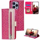 For iPhone 15 Pro Lace Pattern Double Button Zipper Leather Phone Case with Lanyard(Rose Red) - 1