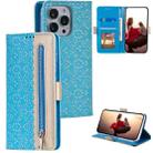 For iPhone 15 Pro Lace Pattern Double Button Zipper Leather Phone Case with Lanyard(Blue) - 1