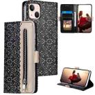 For iPhone 15 Plus Lace Pattern Double Button Zipper Leather Phone Case with Lanyard(Black) - 1