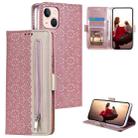 For iPhone 15 Plus Lace Pattern Double Button Zipper Leather Phone Case with Lanyard(Rose Gold) - 1