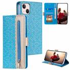 For iPhone 15 Plus Lace Pattern Double Button Zipper Leather Phone Case with Lanyard(Blue) - 1