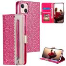 For iPhone 15 Lace Pattern Double Button Zipper Leather Phone Case with Lanyard(Rose Red) - 1