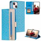 For iPhone 15 Lace Pattern Double Button Zipper Leather Phone Case with Lanyard(Blue) - 1