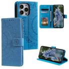 For iPhone 15 Pro Max Totem Flower Embossed Leather Phone Case(Blue) - 1