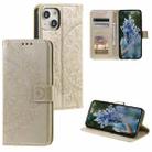 For iPhone 15 Totem Flower Embossed Leather Phone Case(Gold) - 1