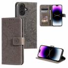 For iPhone 16 Plus Totem Flower Embossed Leather Phone Case(Grey) - 1