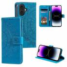 For iPhone 16 Plus Totem Flower Embossed Leather Phone Case(Blue) - 1