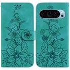 For Google Pixel 9 Pro Lily Embossed Leather Phone Case(Green) - 1