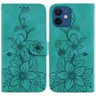 For iPhone 12 / 12 Pro Lily Embossed Leather Phone Case(Green) - 1