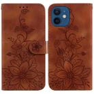 For iPhone 12 / 12 Pro Lily Embossed Leather Phone Case(Brown) - 1