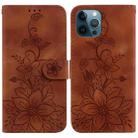 For iPhone 12 Pro Max Lily Embossed Leather Phone Case(Brown) - 1