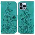 For iPhone 13 Pro Lily Embossed Leather Phone Case(Green) - 1