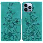 For iPhone 14 Pro Max Lily Embossed Leather Phone Case(Green) - 1